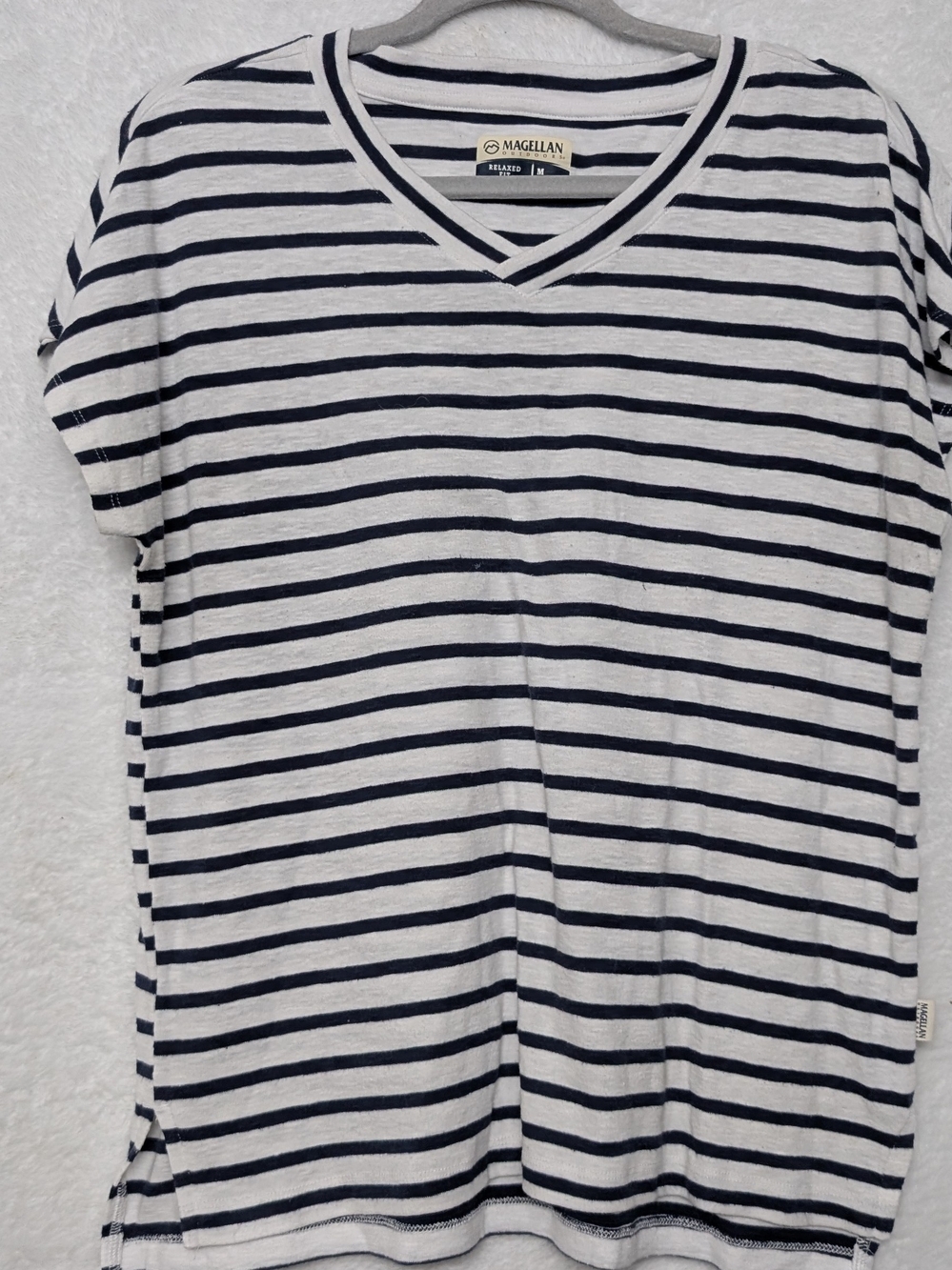 Magellan Outdoors Men’s White and Navy Striped V-Neck Short Sleeve Tee